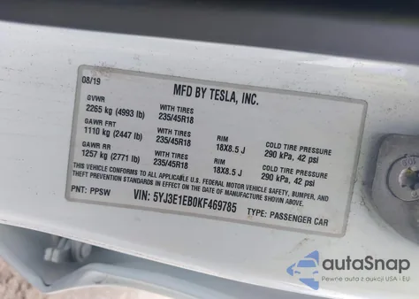 2019 Tesla Model 3 Long Range/Performance из США, поврежденный, VIN 5YJ3E1EB0KF469785